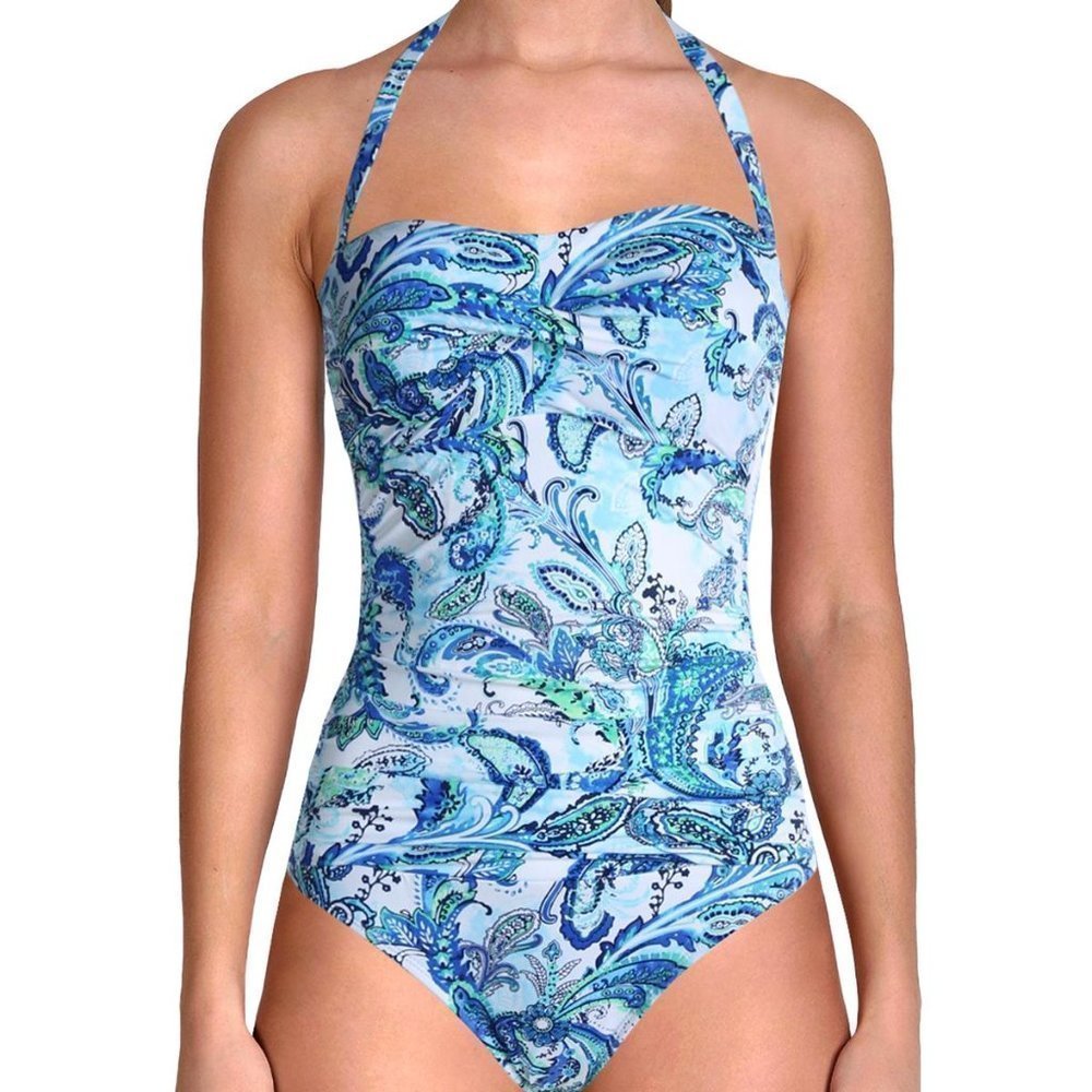 𝅺LAUREN RALPH LAUREN Fiesta Paisley Twist Bandeau Underwire Mio One-Piece Blue 6